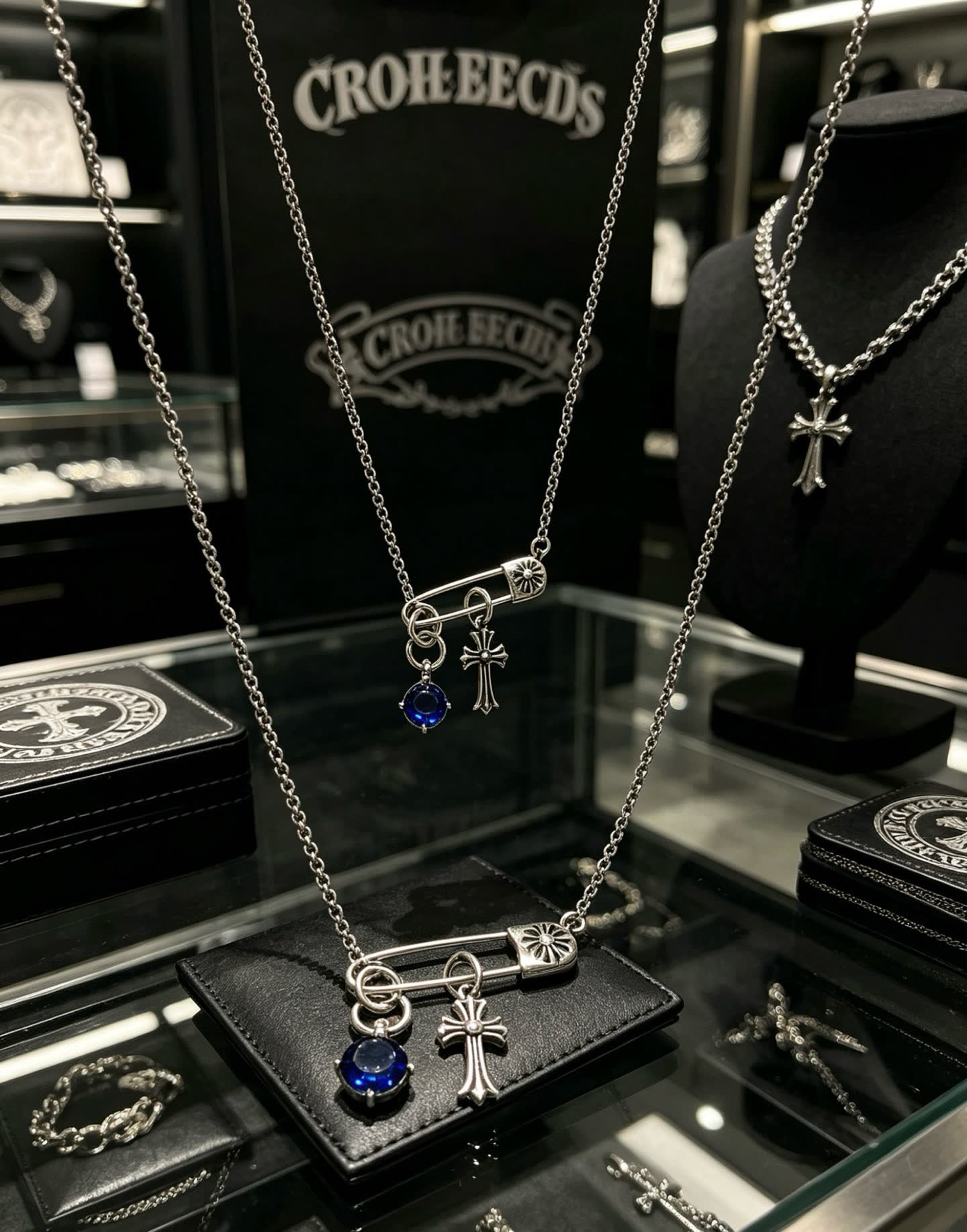 Chrome Hearts Silver Cross and Lock Charm Necklace with Blue Gemstone